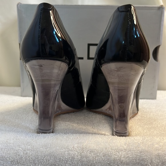 EUC Aldo Size 7/ 37 Javea Black patent lucite wedge heels - Picture 2 of 16